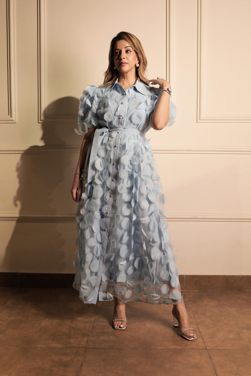 3D Floral Maxi Dress - Light Blue