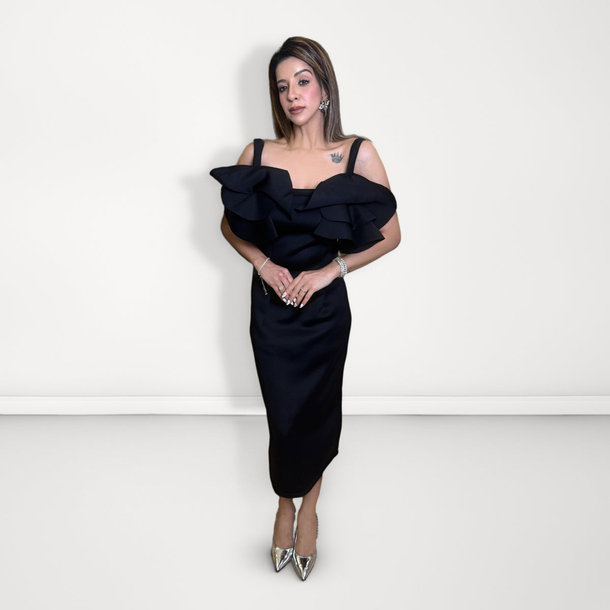 Ruffle Shoulder Midi Dress - Black