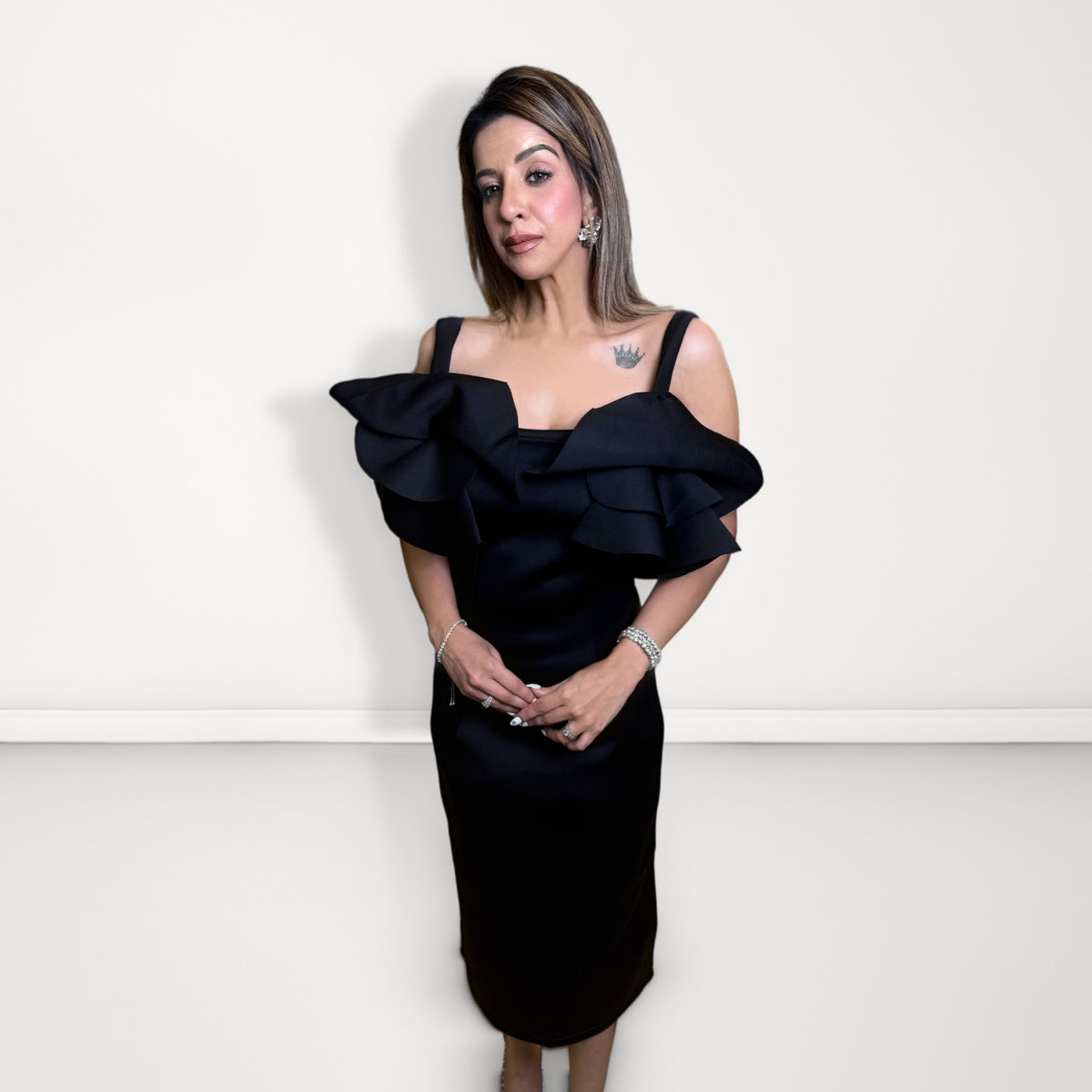 Ruffle Shoulder Midi Dress - Black