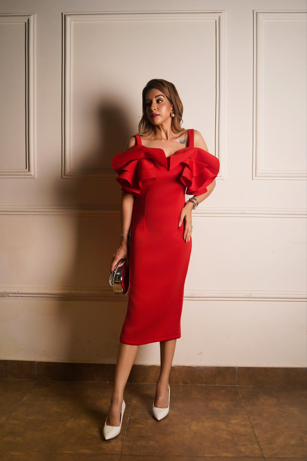 Ruffle Shoulder Midi Dress - Red