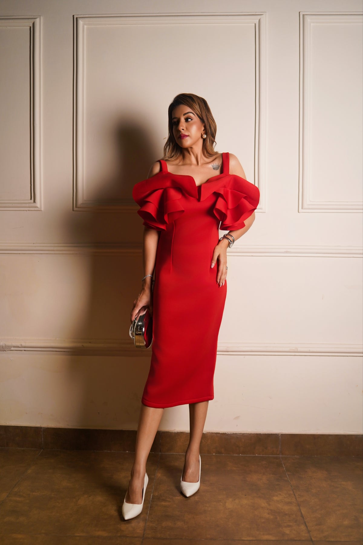 Ruffle Shoulder Midi Dress - Red