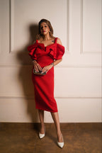 Ruffle Shoulder Midi Dress - Red