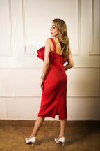 Ruffle Shoulder Midi Dress - Red