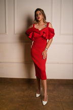 Ruffle Shoulder Midi Dress - Red