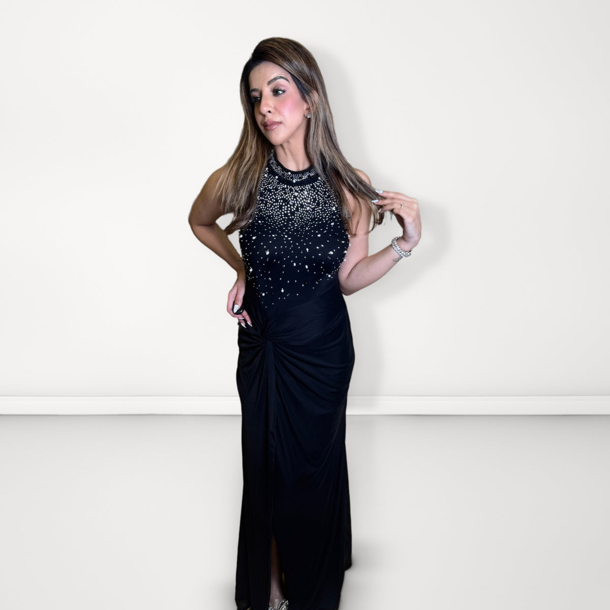 Embellished Ruched Slit Dress - Black