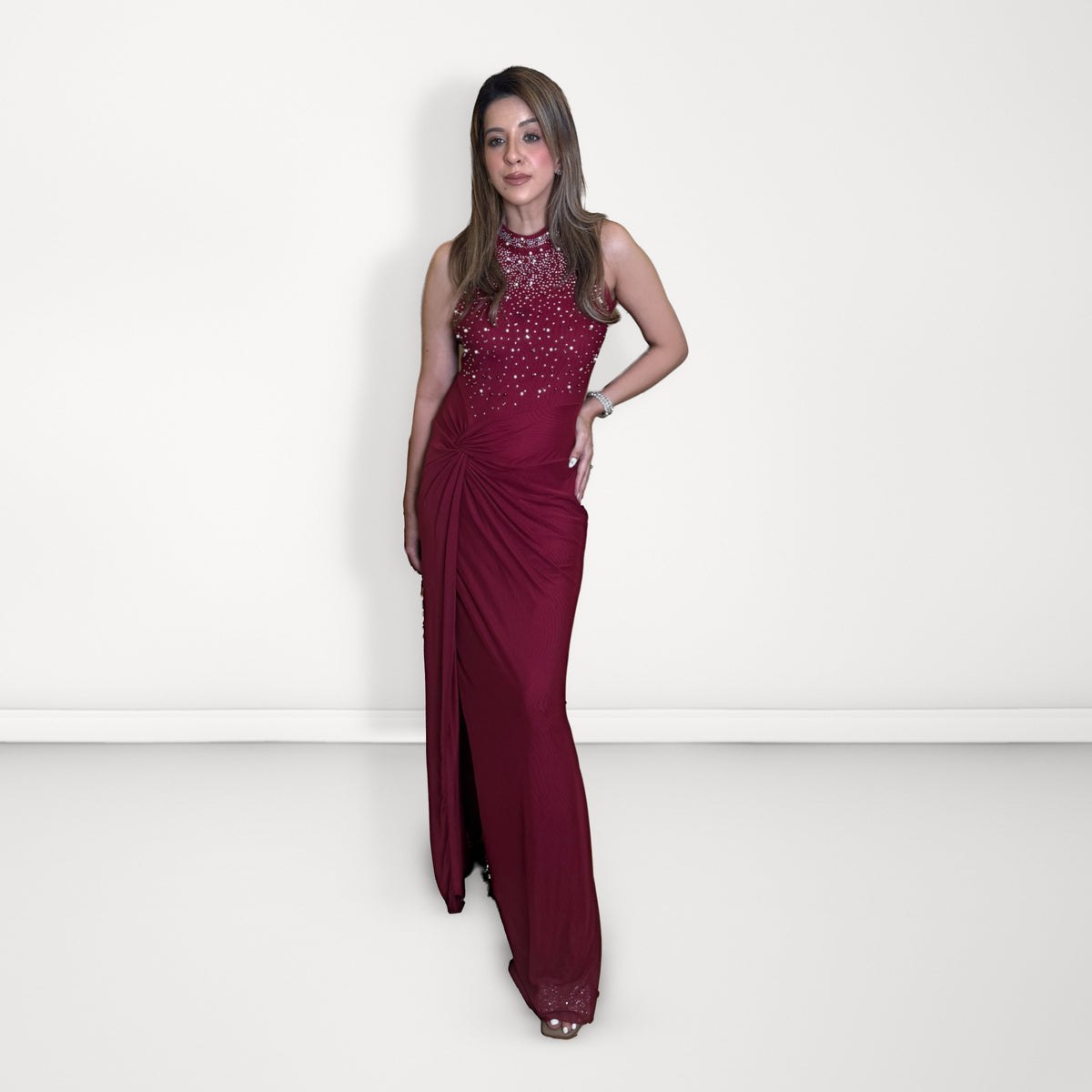 Embellished Ruched Slit Dress - Deep Red