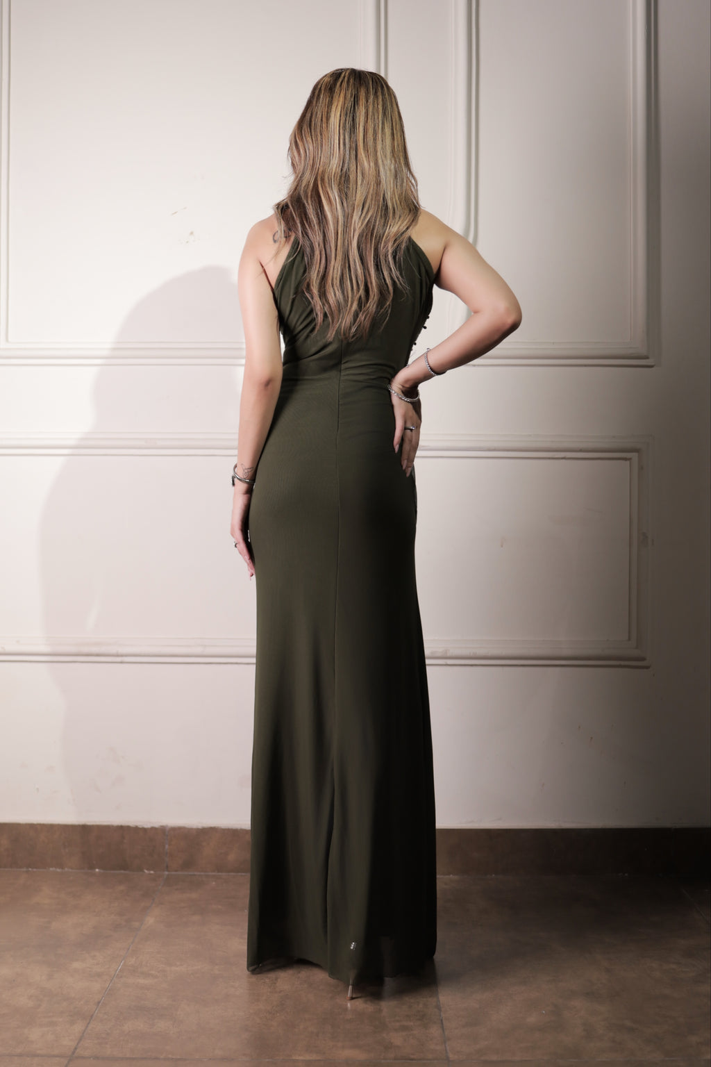 Embellished Ruched Slit Dress - Green