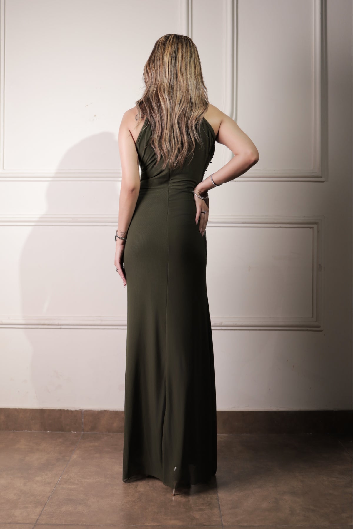 Embellished Ruched Slit Dress - Green
