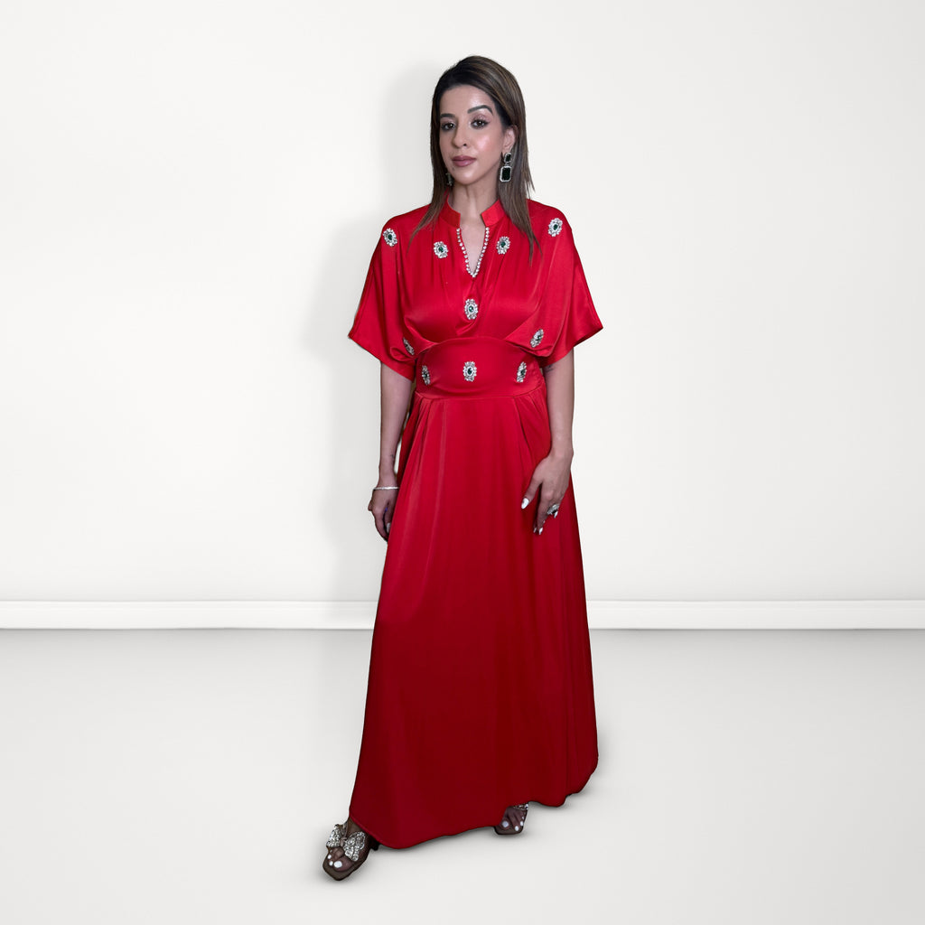 Embellished Crepe Maxi Dress - Red