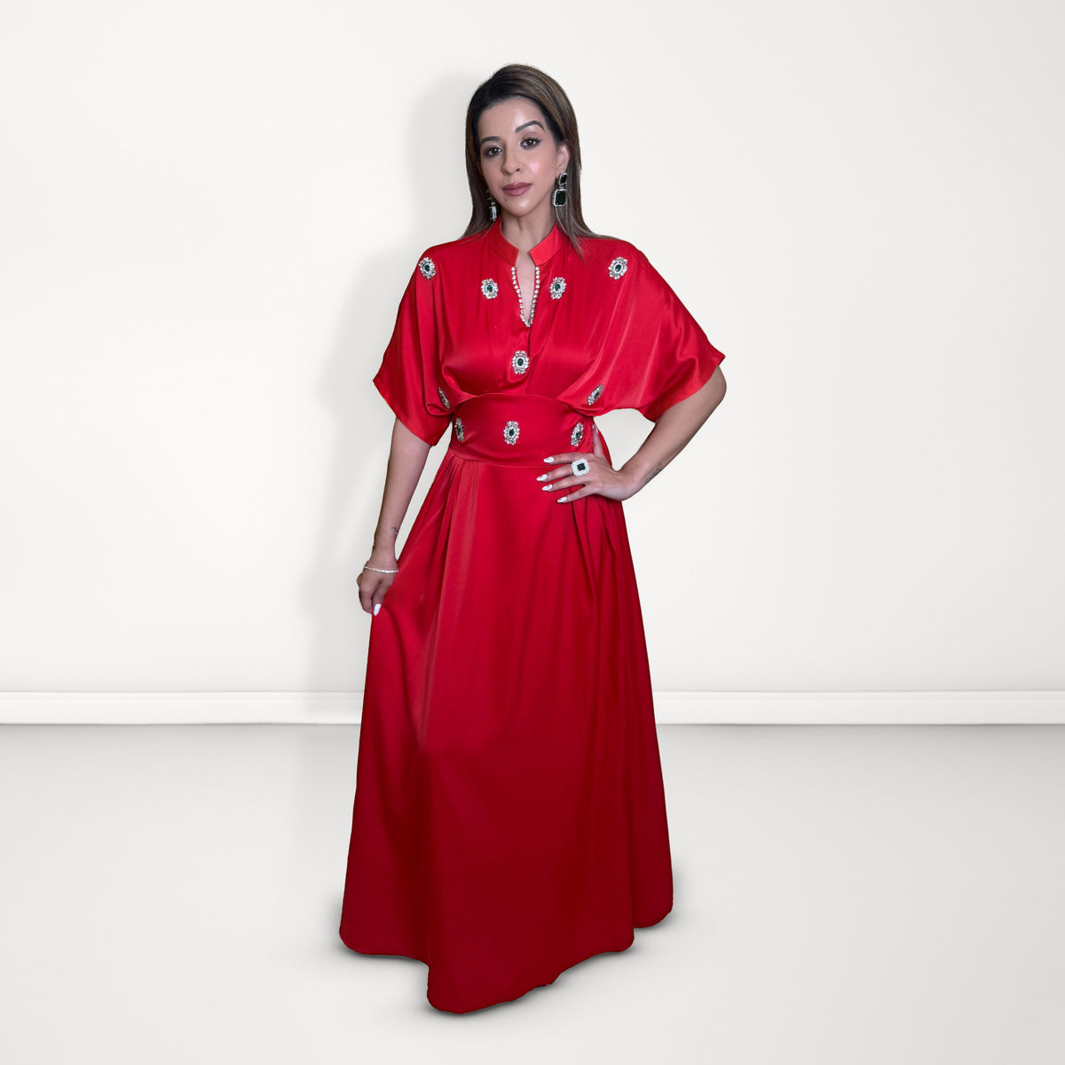 Embellished Crepe Maxi Dress - Red