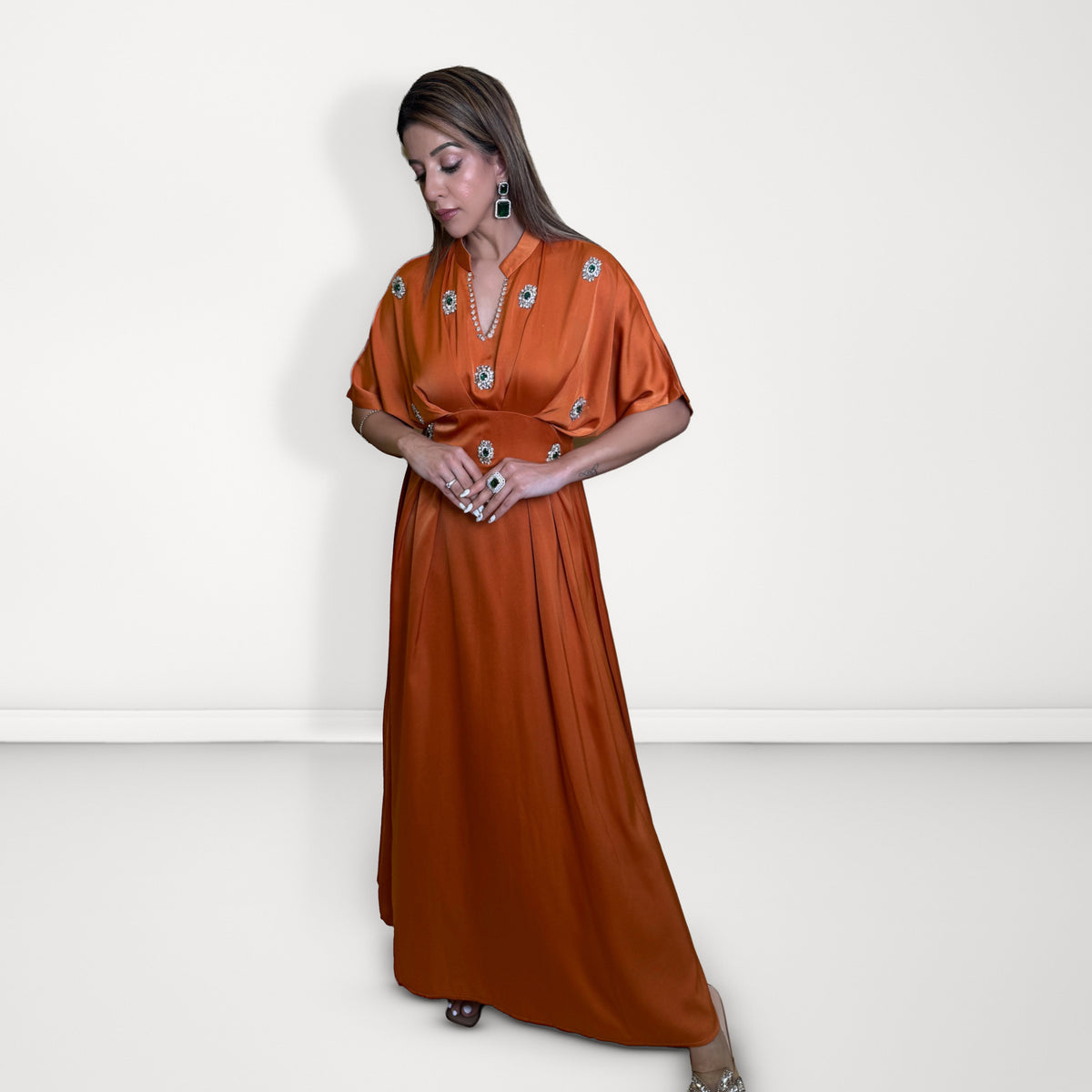 Embellished Crepe Maxi Dress - Rust Orange