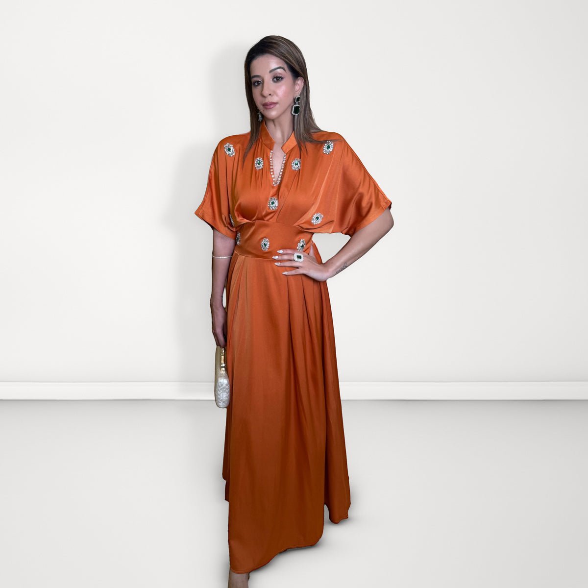 Embellished Crepe Maxi Dress - Rust Orange