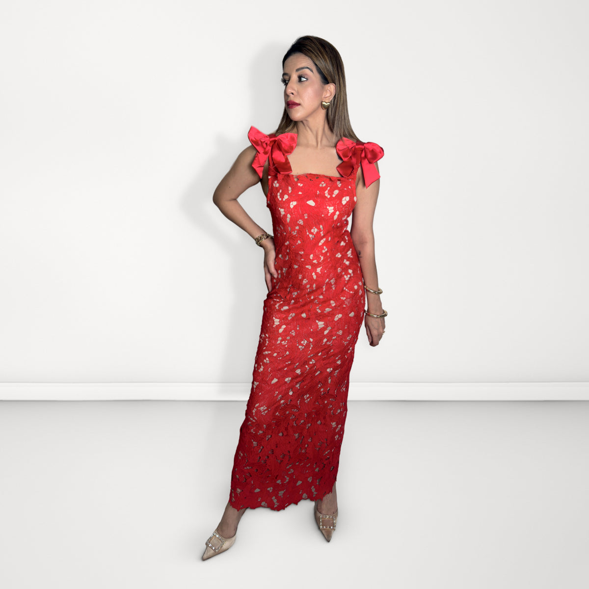 Red Bodycon Bow Lace Dress - Red