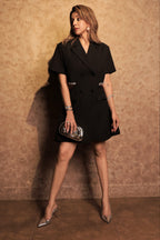 Cut-Out Waist Rhinestone Blazer Dress - Black