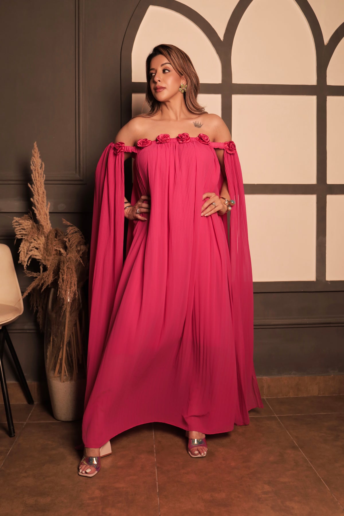 Pleated Rose Maxi Dress - Hot Pink