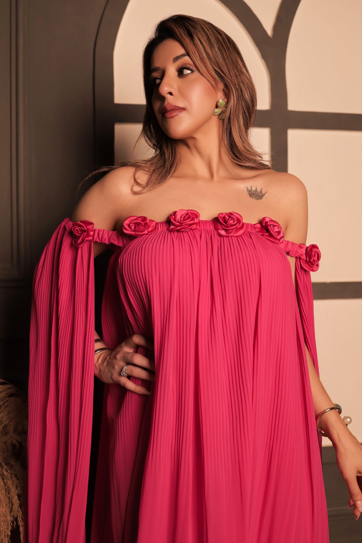 Pleated Rose Maxi Dress - Hot Pink