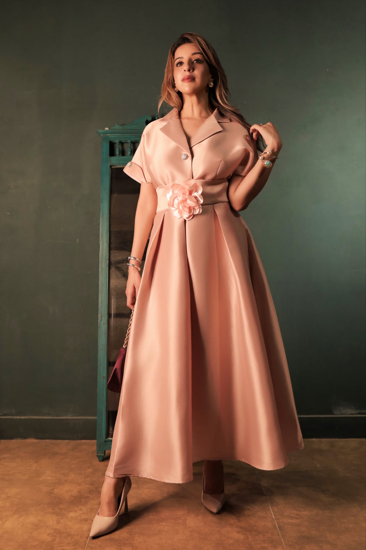 Peach Satin Belted Flare Dress - Peach