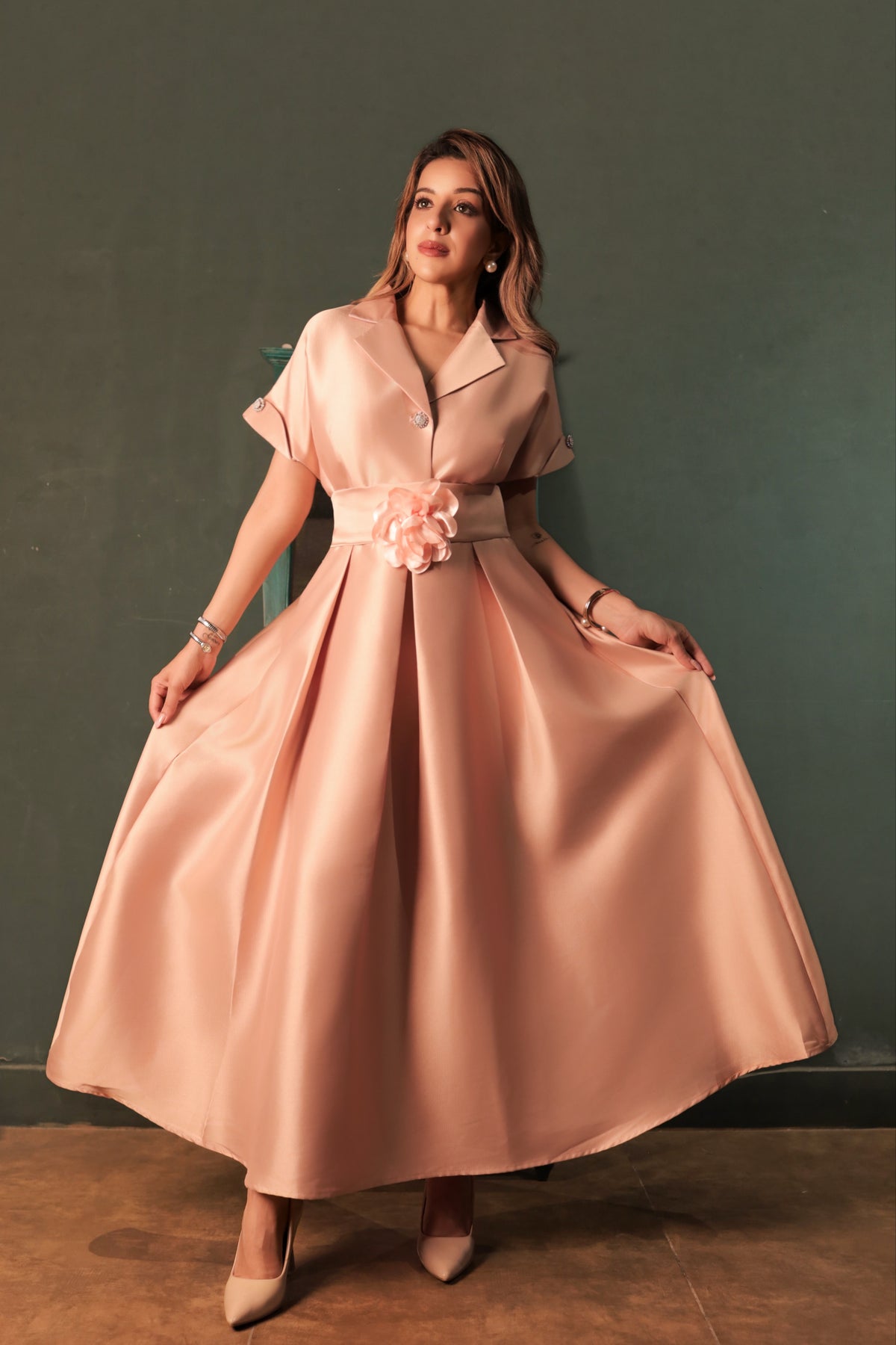 Peach Satin Belted Flare Dress - Peach