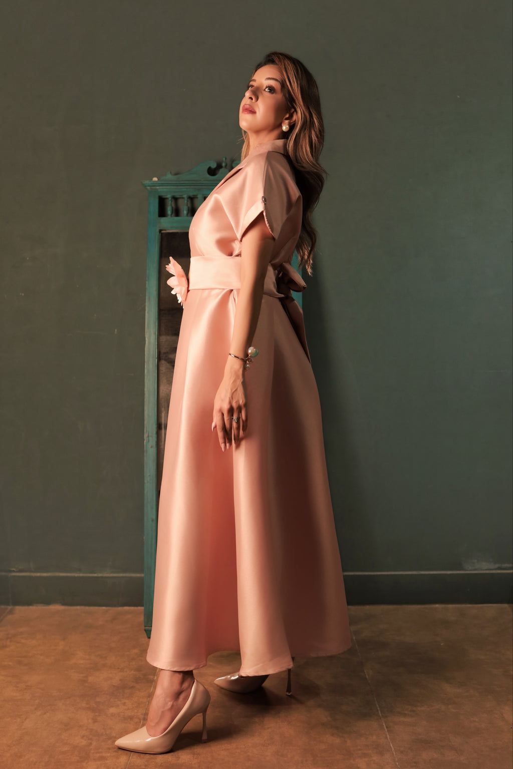 Peach Satin Belted Flare Dress - Peach