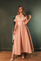 Peach Satin Belted Flare Dress - Peach