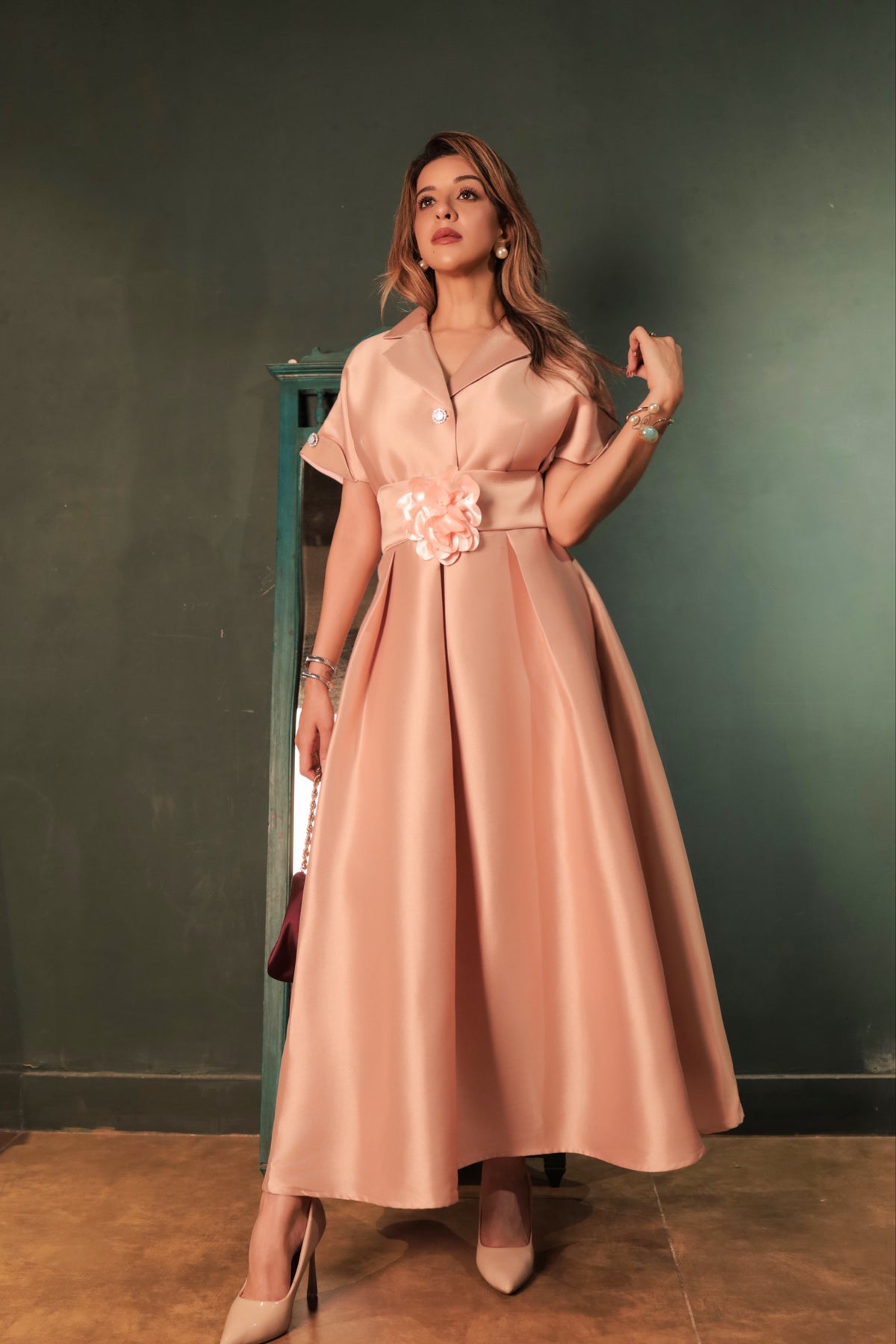 Peach Satin Belted Flare Dress - Peach