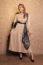 Printed Panel Satin Dress - Beige
