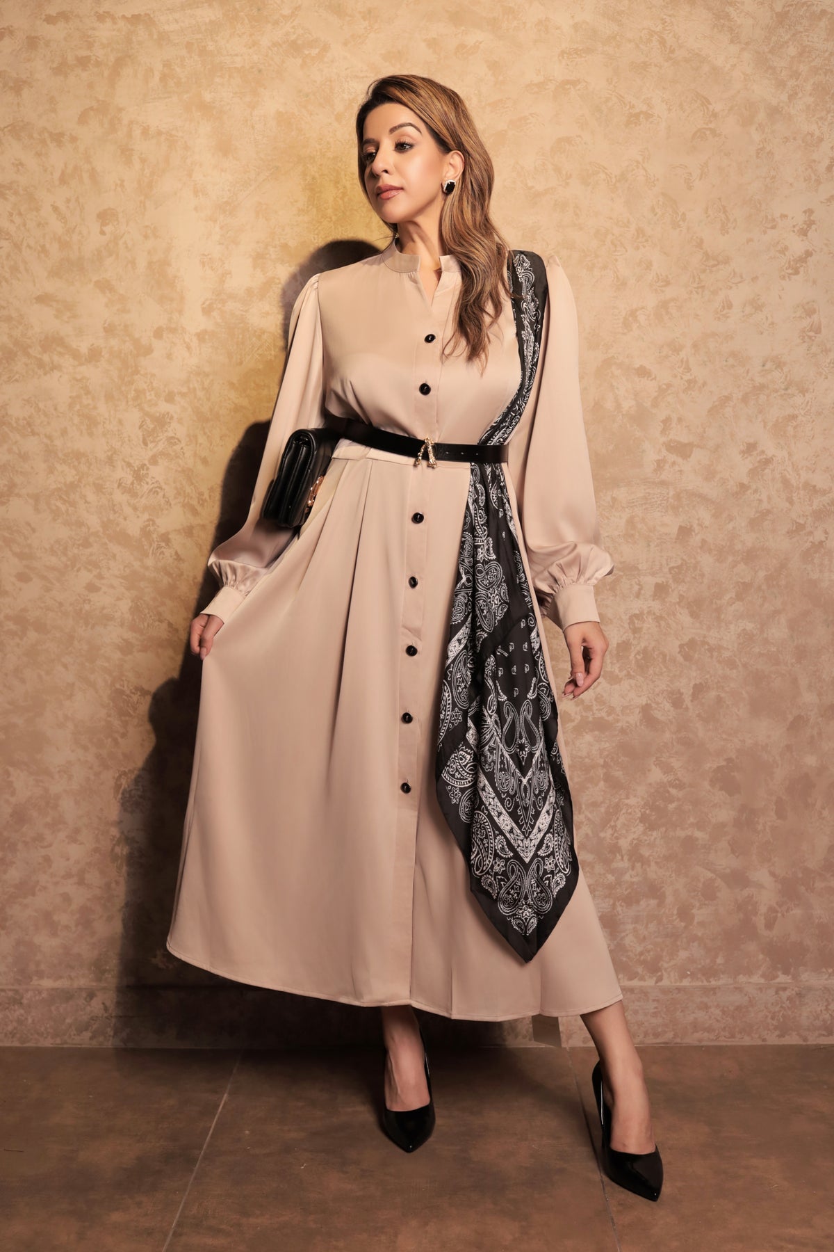 Printed Panel Satin Dress - Beige