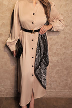 Printed Panel Satin Dress - Beige