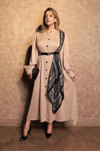 Printed Panel Satin Dress - Beige