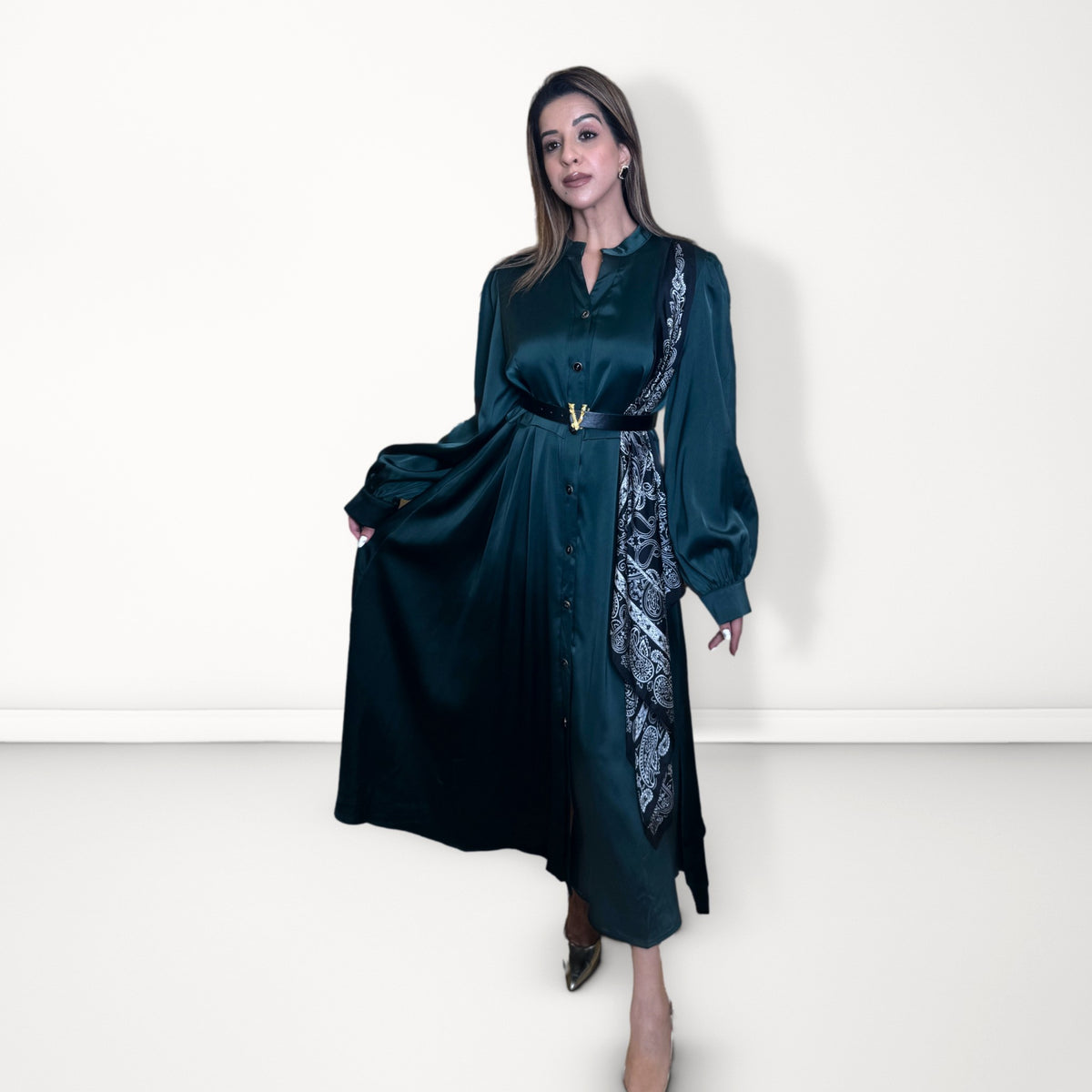Printed Panel Satin Dress - Emerald Green