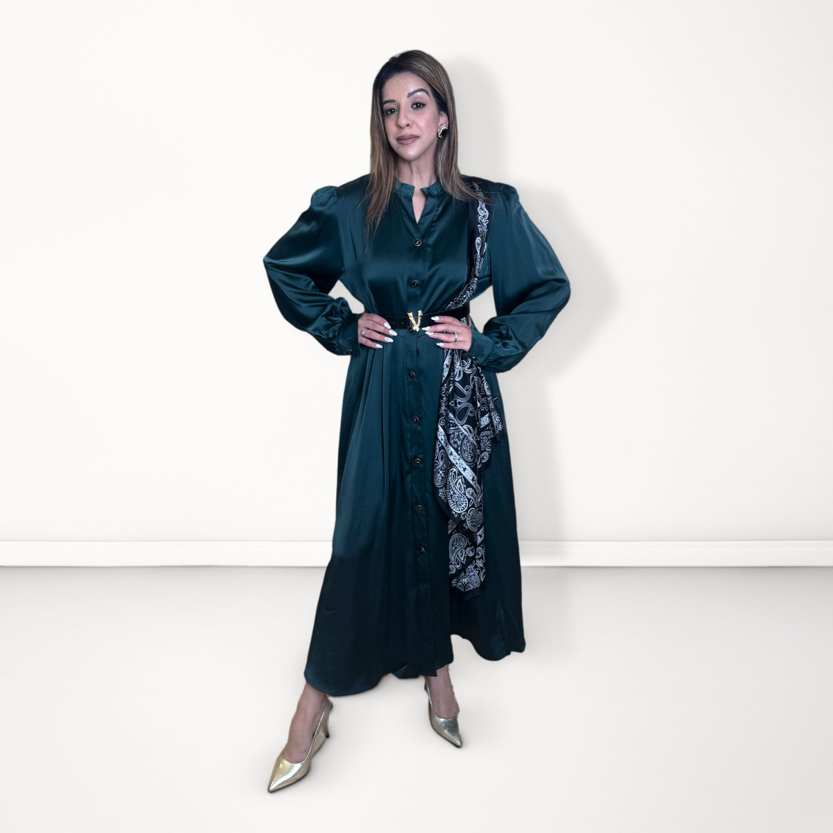 Printed Panel Satin Dress - Emerald Green