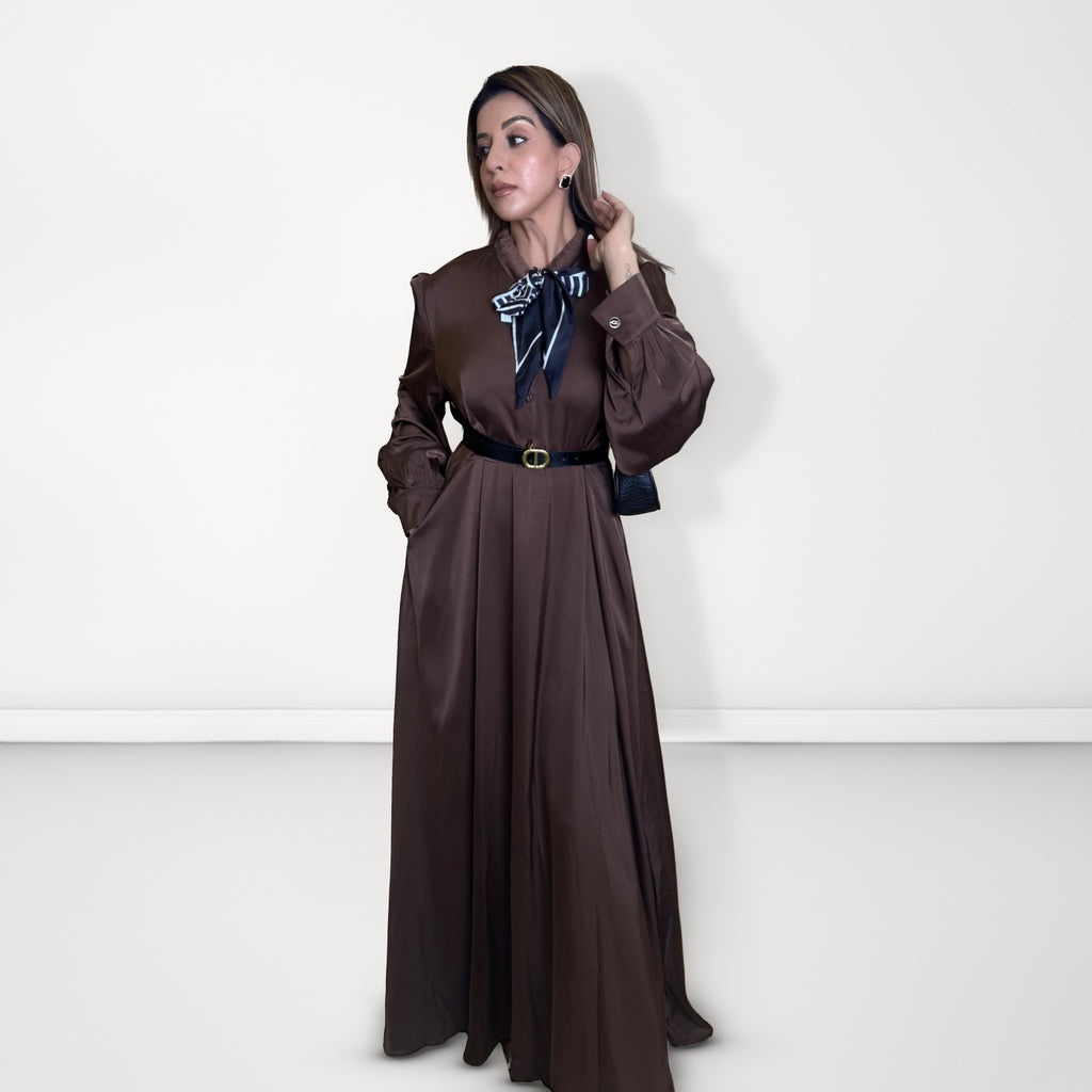 Bow-Tie Satin Dress - Brown