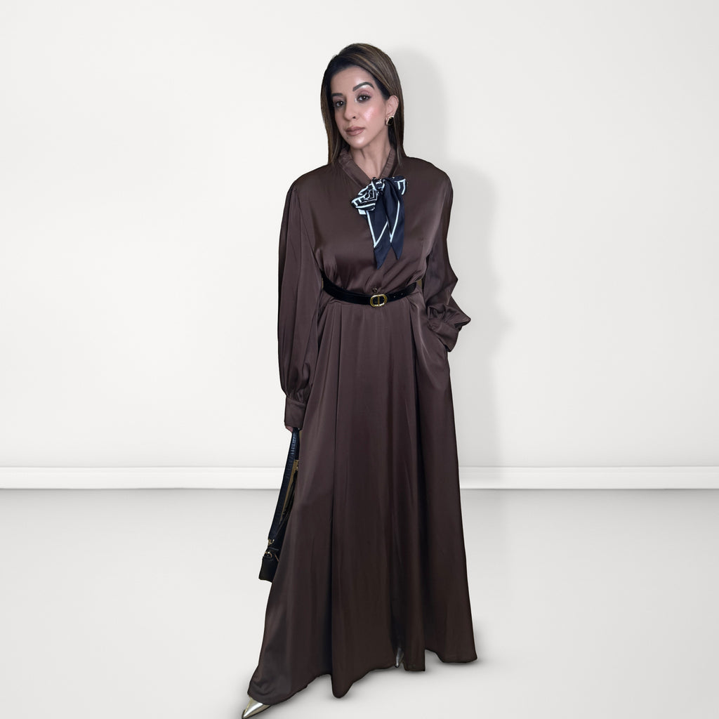 Bow-Tie Satin Dress - Brown