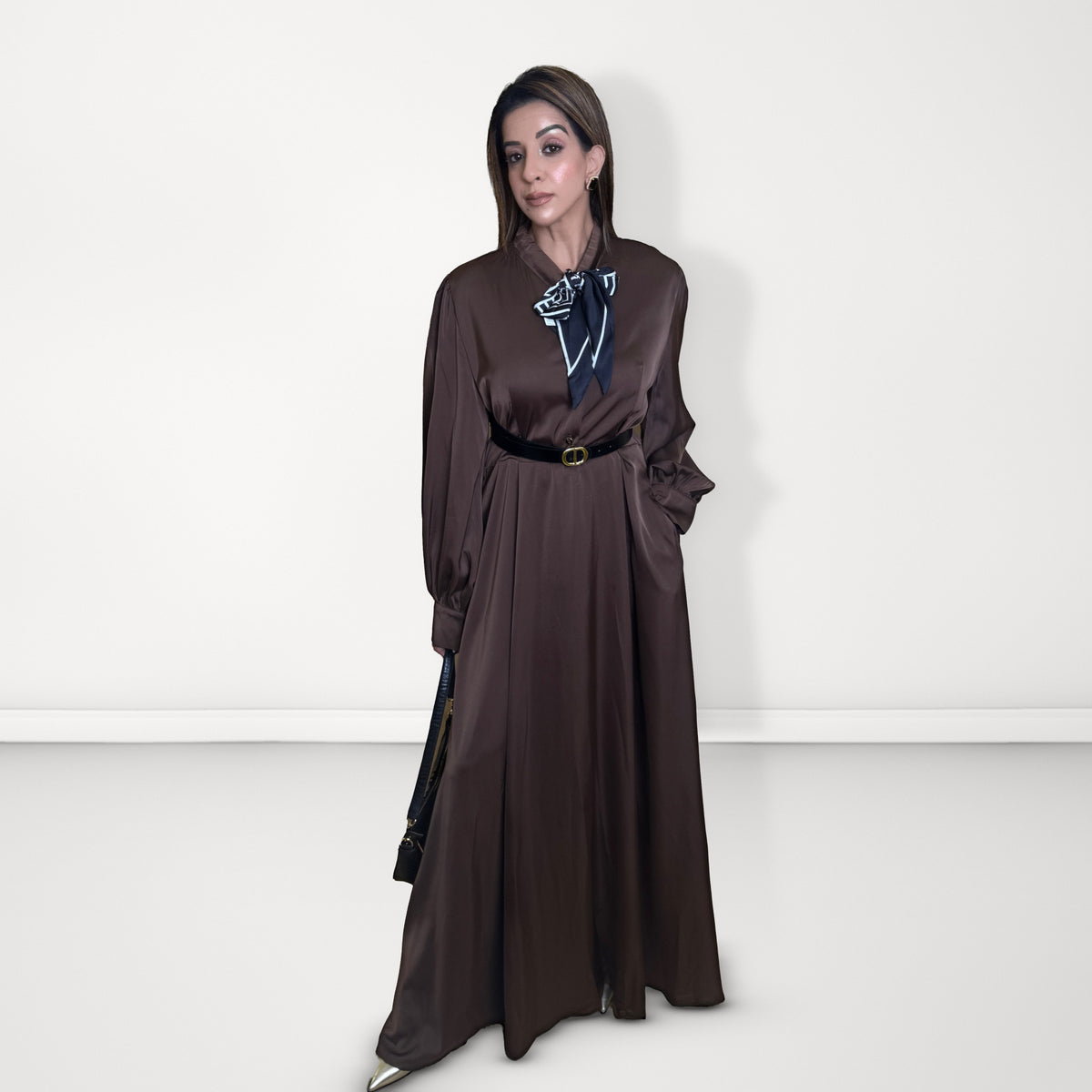 Bow-Tie Satin Dress - Brown