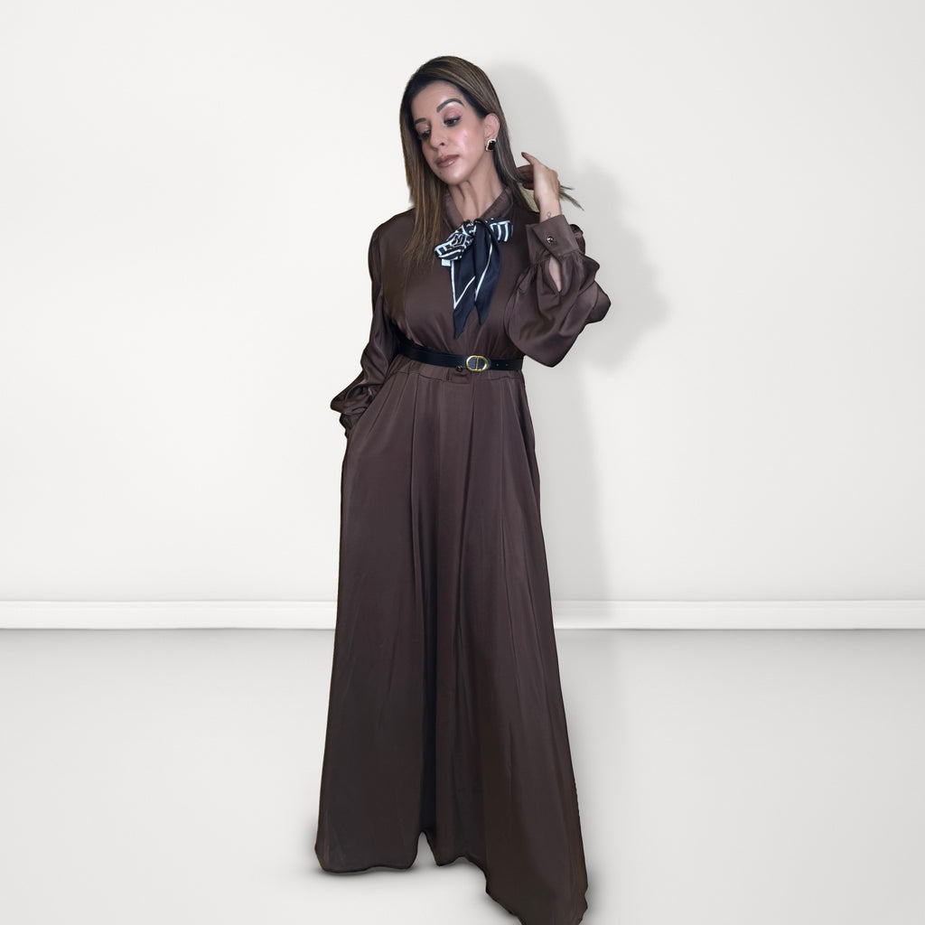 Bow-Tie Satin Dress - Brown