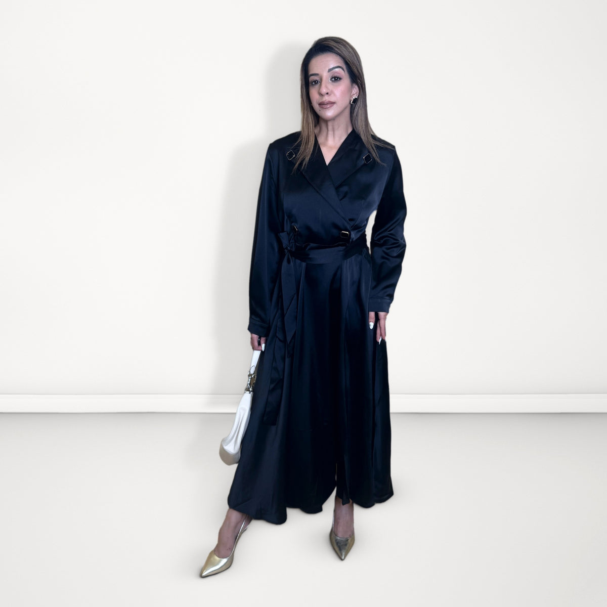 Wrap-Front Belted Dress - Black