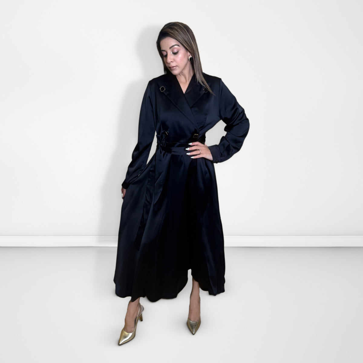 Wrap-Front Belted Dress - Black