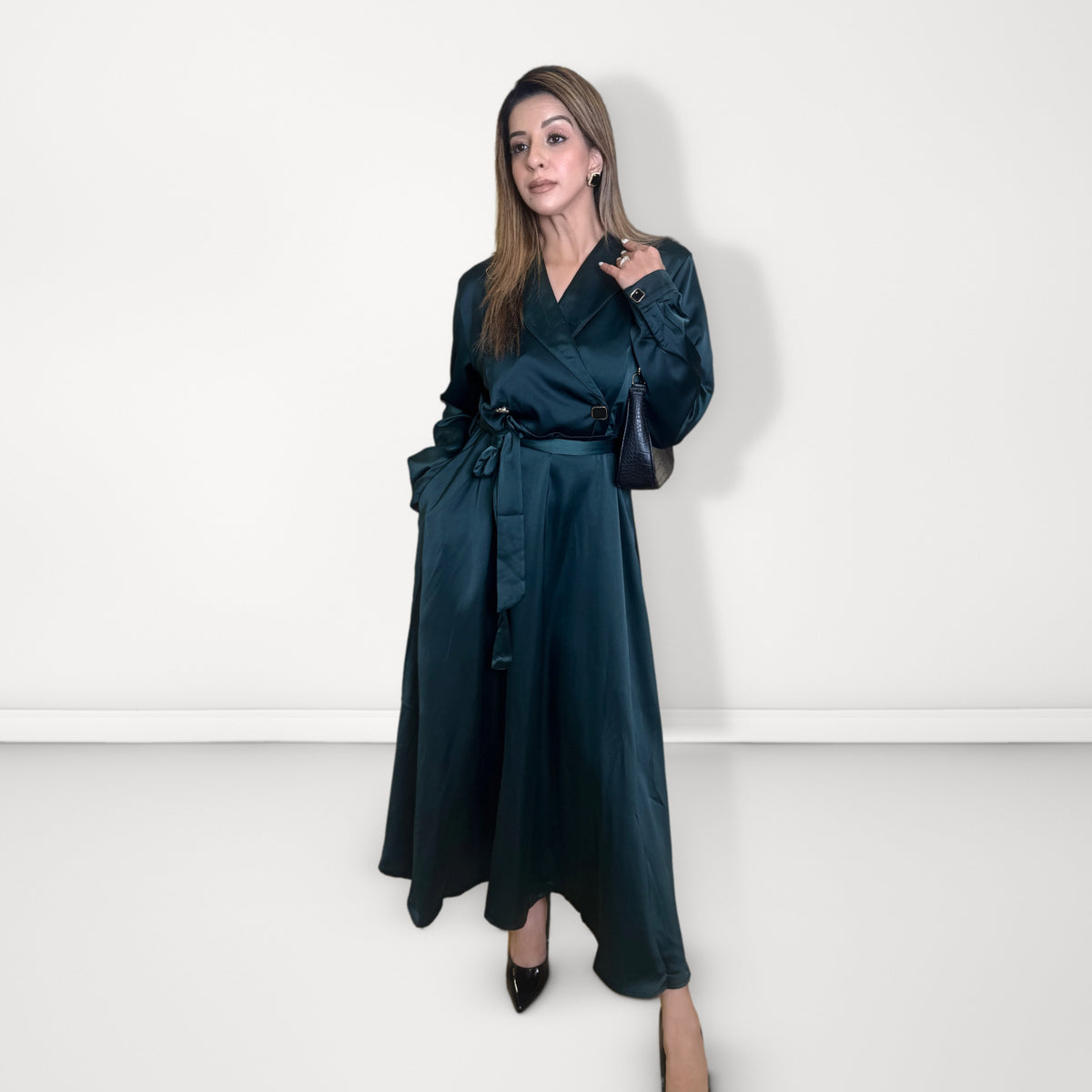 Wrap-Front Belted Dress - Emerald Green