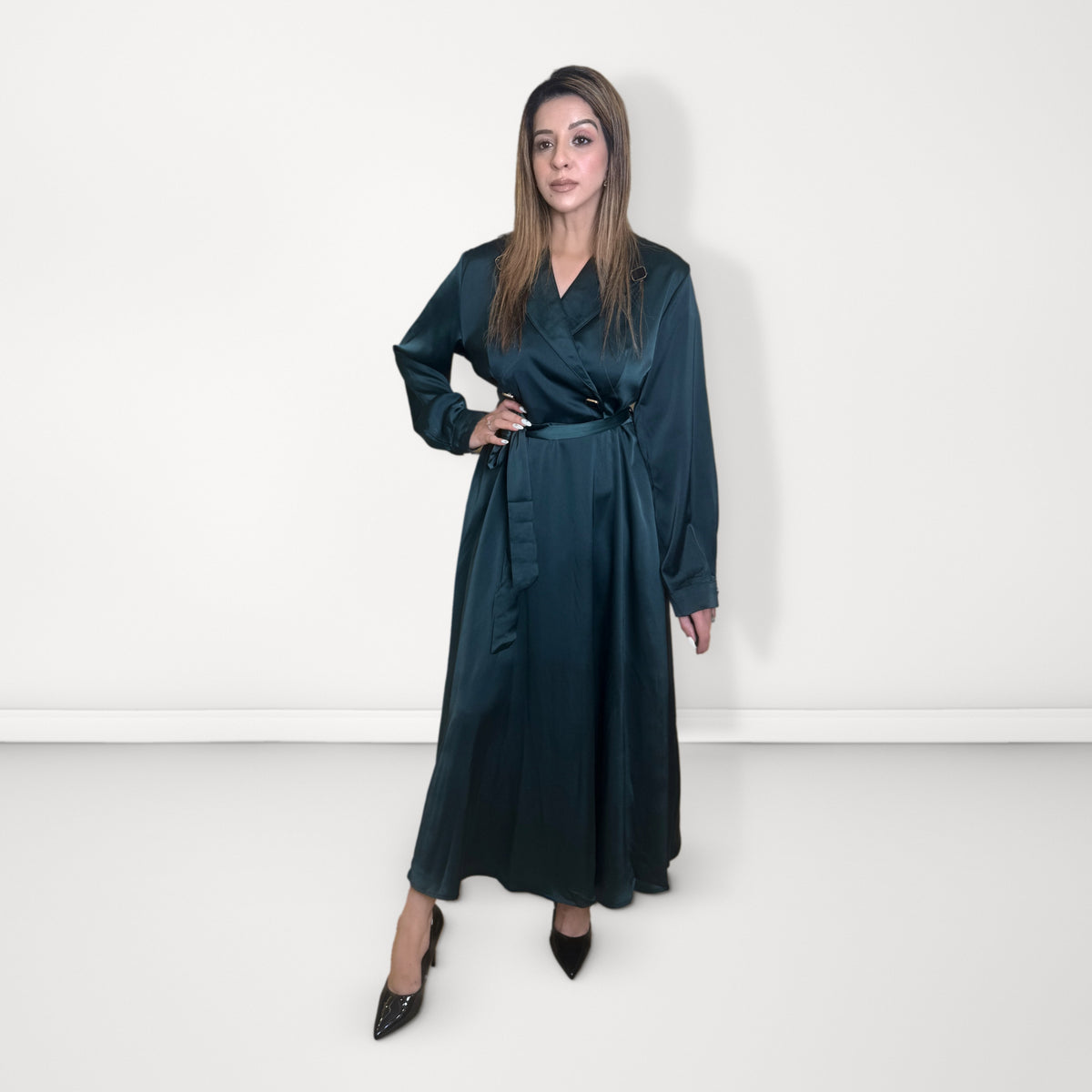 Wrap-Front Belted Dress - Emerald Green