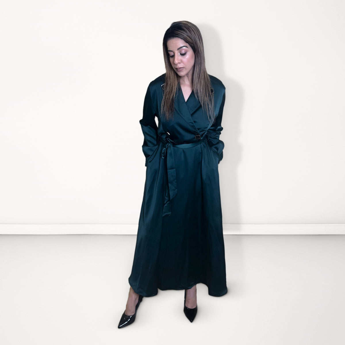 Wrap-Front Belted Dress - Emerald Green