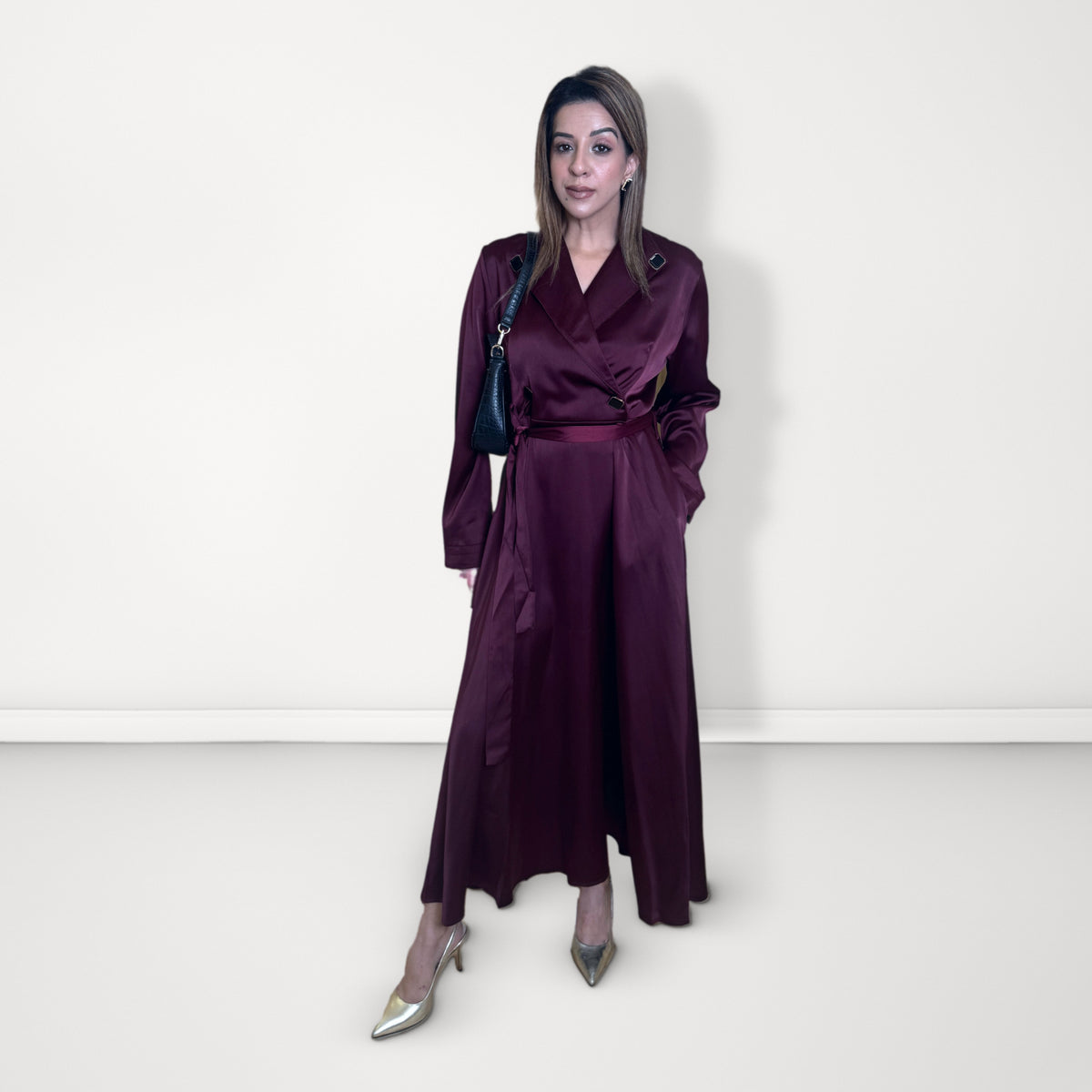 Wrap-Front Belted Dress - Maroon