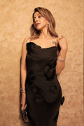 Rose Appliqué Tube Midi Dress - Black
