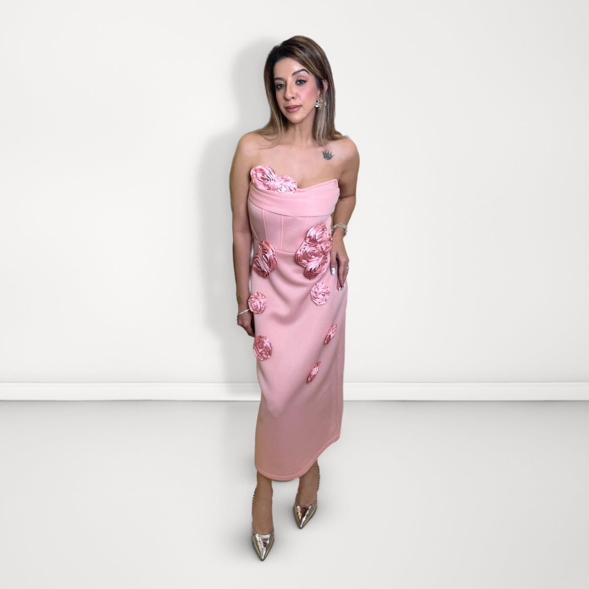 Rose Appliqué Tube Midi Dress - Pink