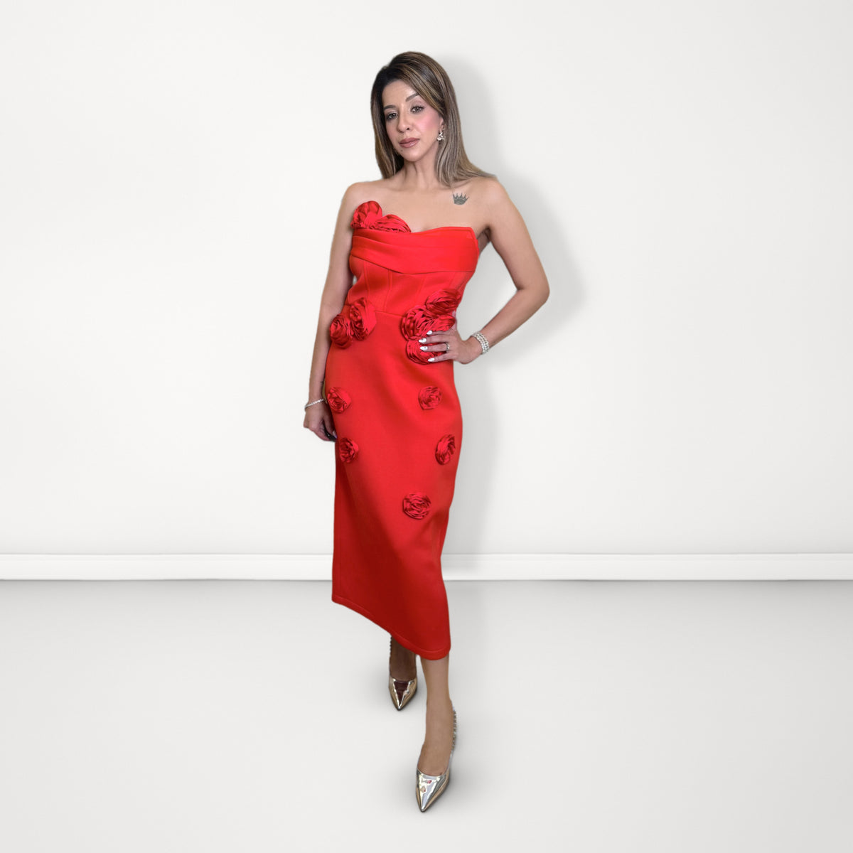 Rose Appliqué Tube Midi Dress - Red
