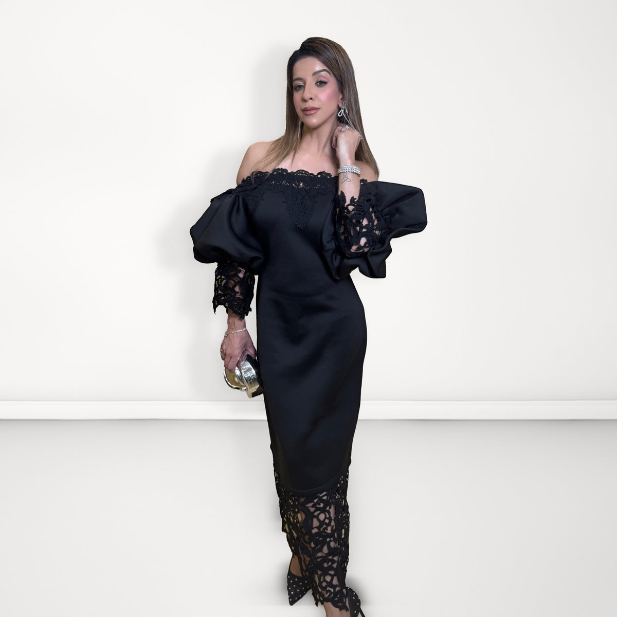 Lace Detail Off-Shoulder Midi Dress - Black