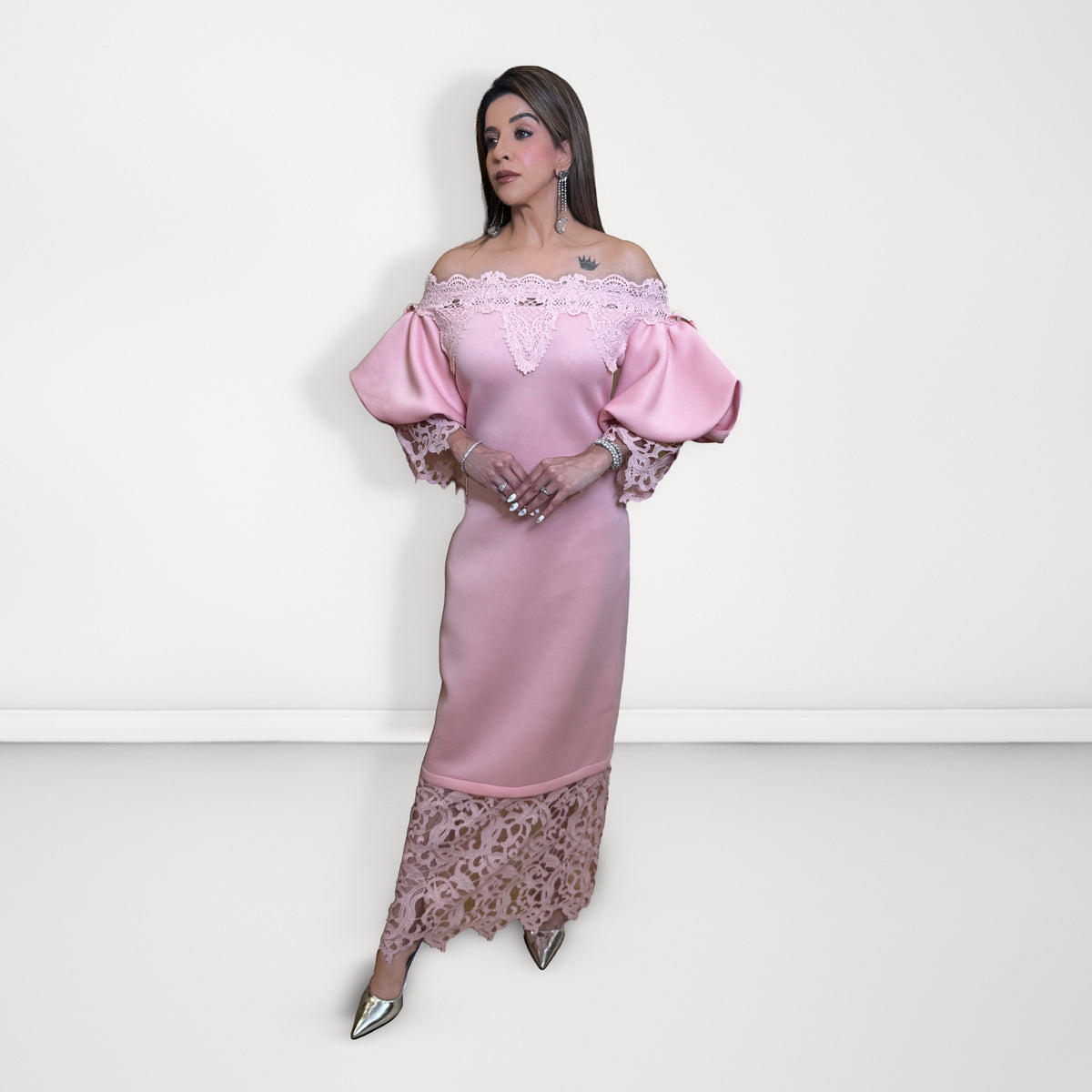 Lace Detail Off-Shoulder Midi Dress - Pink