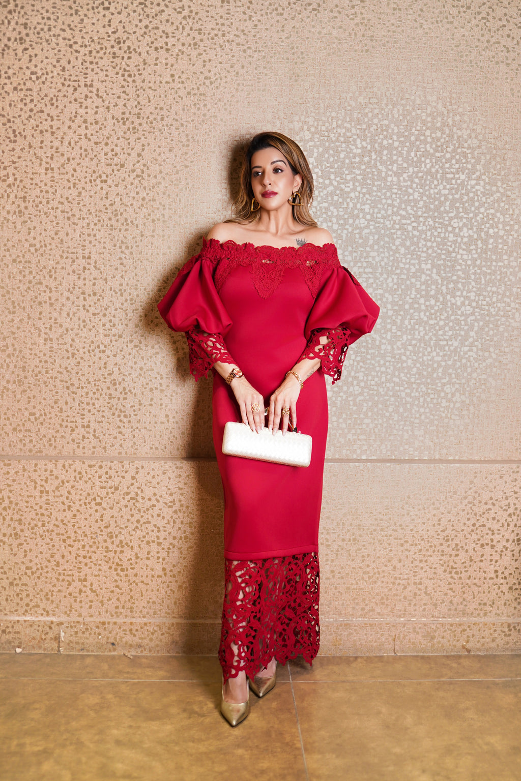 Lace Detail Off-Shoulder Midi Dress - Red