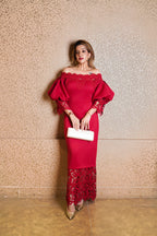Lace Detail Off-Shoulder Midi Dress - Red