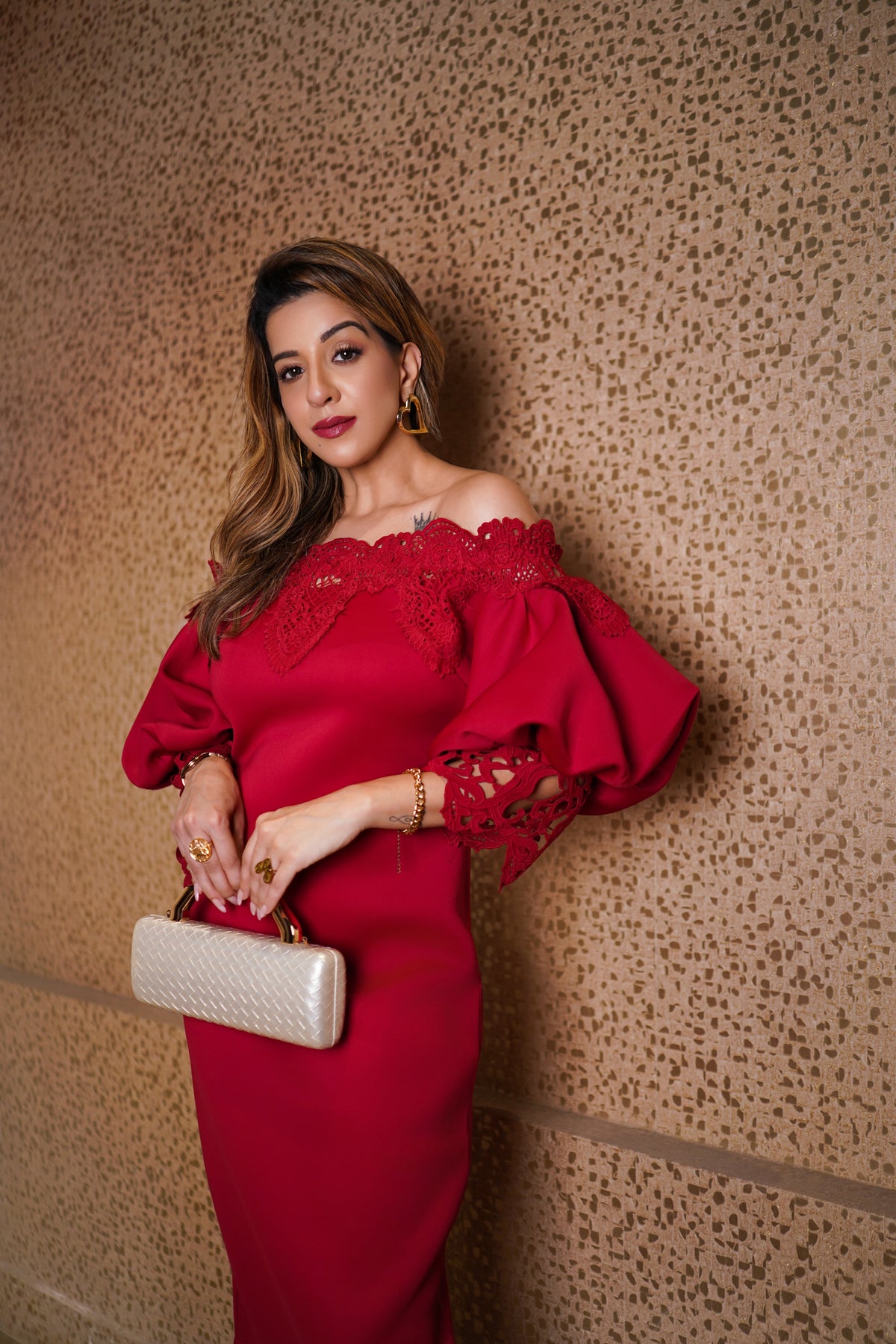 Lace Detail Off-Shoulder Midi Dress - Red