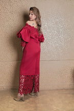 Lace Detail Off-Shoulder Midi Dress - Red